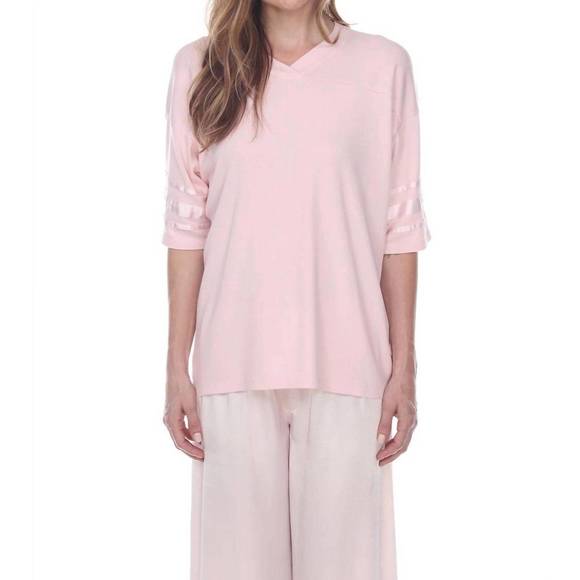 NEW PJ HARLOW riley rib knit baseball tee with satin trim in blush - Picture 1 of 1